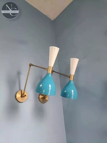 Blue & White Brass Wall Sconce Mid Century 1950's Italian Sconce Lights - Picture 2 of 6