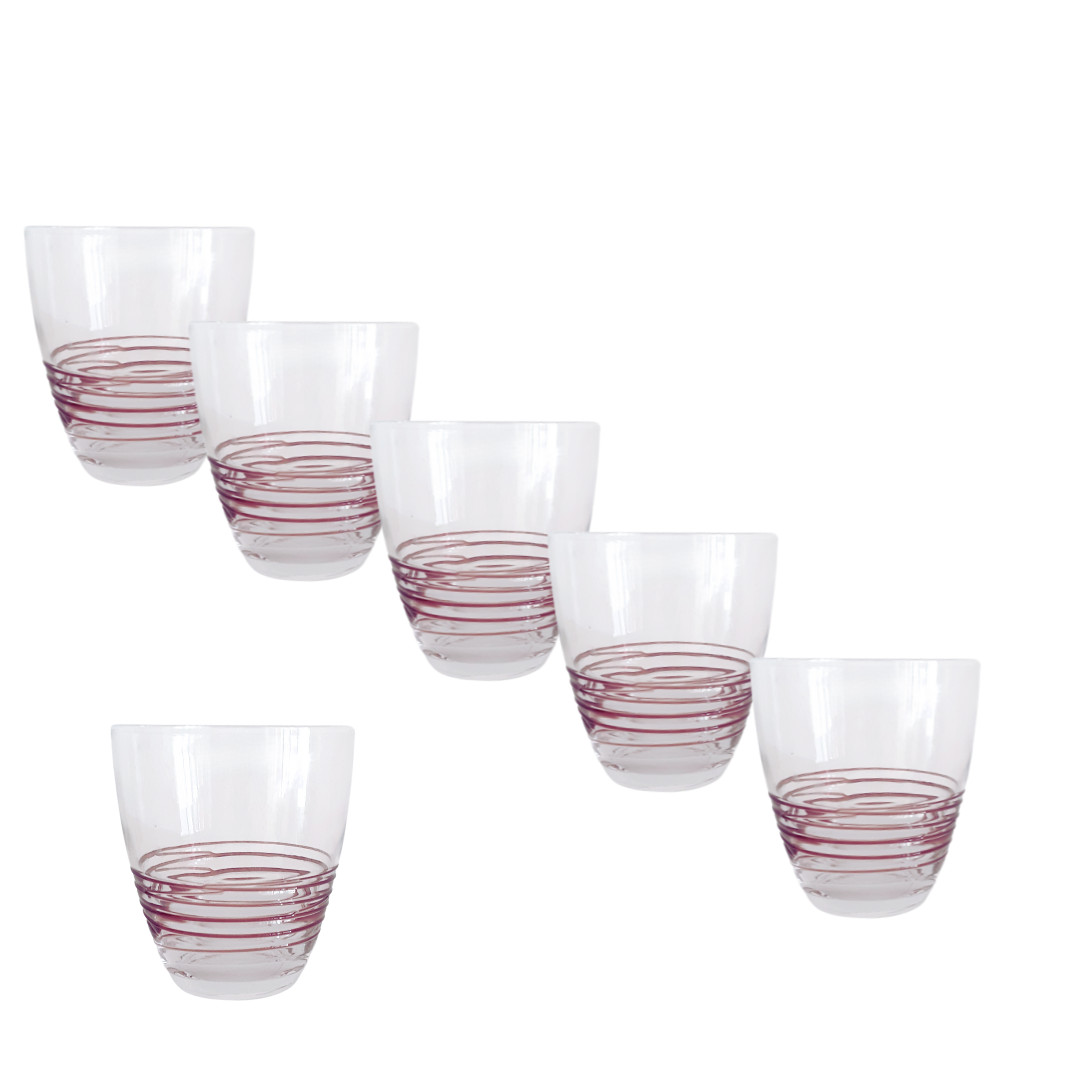 6 copas de vidrio transparente con rayas horizontales violetas vino y agua