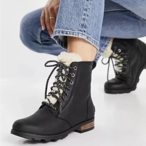 Stivali Sorel donna Emelie neri pelle corti pizzo comodi impermeabili taglia 6 nuovi con scatola - Foto 1 di 18