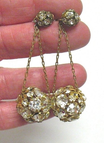 GOLD RHINESTONE DANGLING VINTAGE DISCO BALL EARRIN