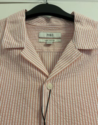 M&S Mens Cotton Cuban Collar Seersucker Holiday Striped Shirt Size XL Coral Pink - Picture 6 of 10