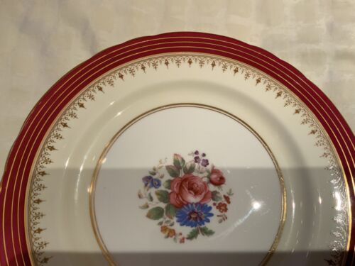 AYNSLEY 2 DINNER PLATES DORCHESTER PATTERN RED BAND PINK ROSE FLORAL - Picture 5 of 8