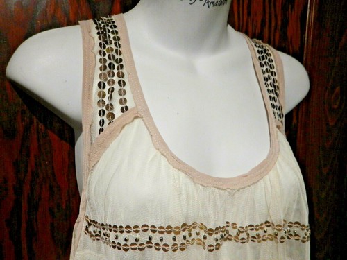 FREE PEOPLE MERCURY MESH TANK Pailletten elfenbein verziert Trapez Trägertop transparent L 2B - Bild 8 von 10