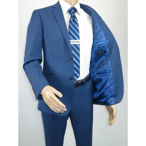 Traje para hombre Renoir mezcla de lana calce ajustado 2 piezas piel de tiburón textura 557-1 azul - Imagen 14 de 40