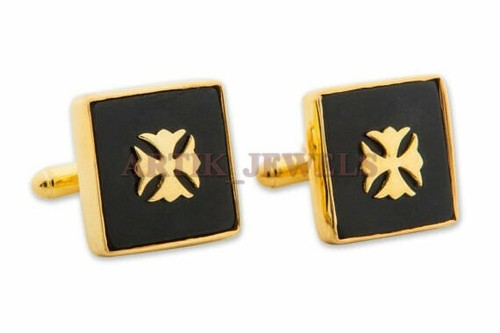 Naturale Onice Nera Gemma Con Placcato Oro 925 Argento Sterling Gemelli #2397