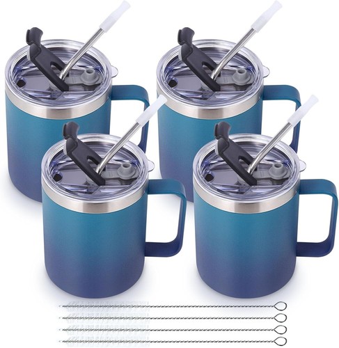 12oz Insulated Leakproof Coffee Mug Set – 4 Pack Travel Tumblers with Straws - Picture 3 of 10