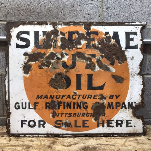 Vintage GULF Supreme Auto Motoröl doppelseitig Porzellan Flanschschild (lesen)