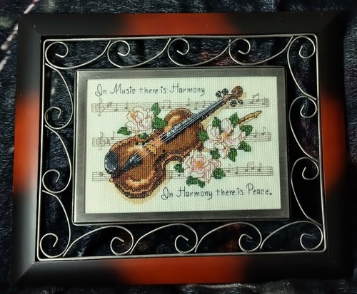 Cross Stitch Violin Picture Music Harmony Peace vtg Wood scrolled metal Frame