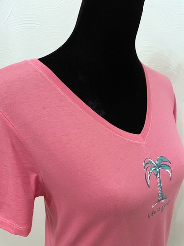 Life Is Good Womens Classic Fit V-Neck T-Shirt Small Pink Palm Tree Cotton - Picture 8 of 11