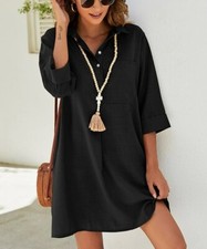  Floral Blooming Women Black Pocket Button-Front Shift Dress Size XXL