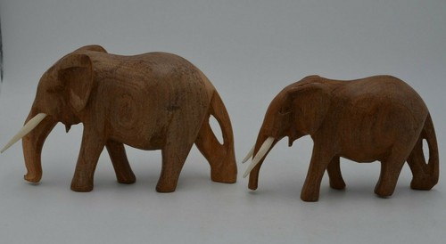 Hand Carved Wooden Elephant Figurines Set of Two - Picture 4 of 11
