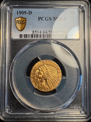 PCGS MS64 1909-D oro $5 testa di indiano mezza aquila cinque dollari - Foto 2 di 3