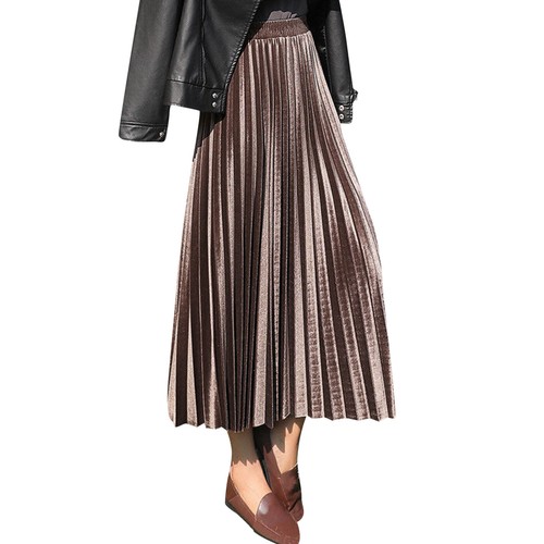 Women’s High Elastic Waist Skirt Pleated A Line Swings Midi Velvet Skirts Solid - Imagen 30 de 31