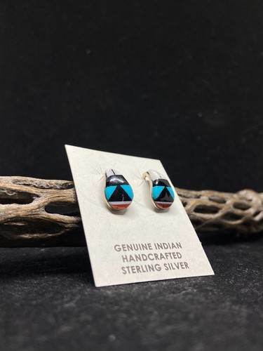 Zuni Inlay multi color / multi stone Sterling silver Half Hoop Earrings - Afbeelding 1 van 8