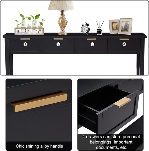 60''Long Console Tabl with 4 Drawers - Modern Black Entryway Tabl w/Bottom Shelf - Picture 4 of 8