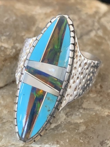 Opal & Turquoise Inlay MultiColor Navajo Sterling Silver Ring Size 8.5 01468 - Picture 2 of 10