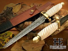 Hoja de Damasco hecha a mano personalizada HUNTEX, 385 mm mango de hueso de camello daga exótica
