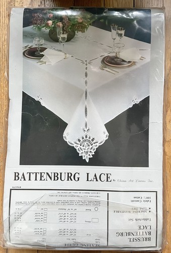 Mantel y 8 servilletas de encaje Battenburg 66” x 84” 100 % algodón blanco nuevo vintage - Imagen 2 de 3