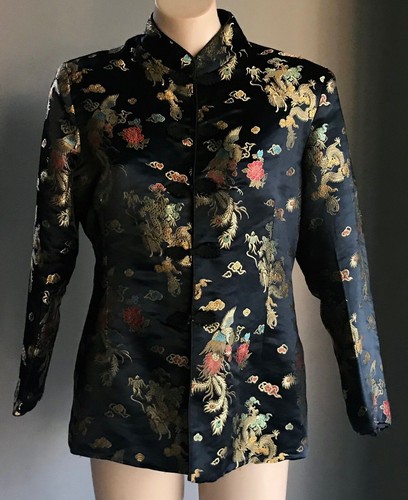 CHEONGSAM Jacket Black & Colour Asian Print Long Sleeve Size XXL 14 16 Vintage