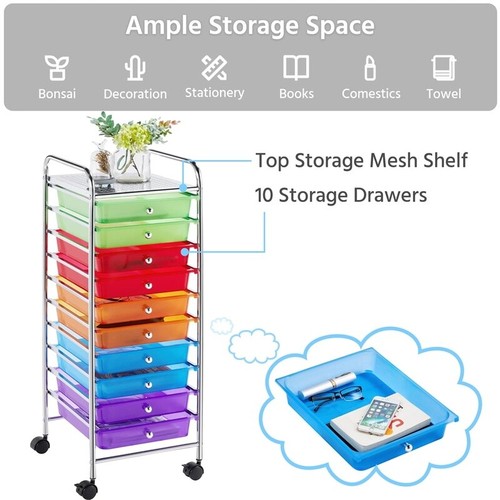 10 Drawer Storage Cart W/ Lockable Wheels Rolling Trolley Organizer Utility New - Picture 8 of 10