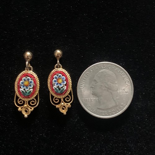 Vintage Micro Mosaic Floral Drop Earrings Gold Over Sterling Silver Italy Estate - Picture 10 of 14