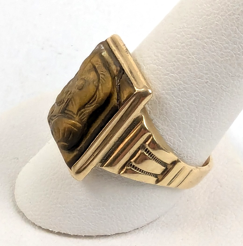 10K Solid Gold Hand Carved Roman Soldier Tiger Eye Mens Ring Sz 11 Weight 5.7 gr - Picture 8 of 9