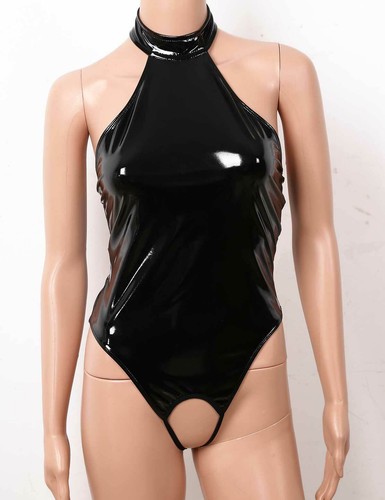 Body Wetlook Damen Bodysuit Unterwäsche Neckholder Top Offene Cups Clubwear Sexy - Picture 47 of 54