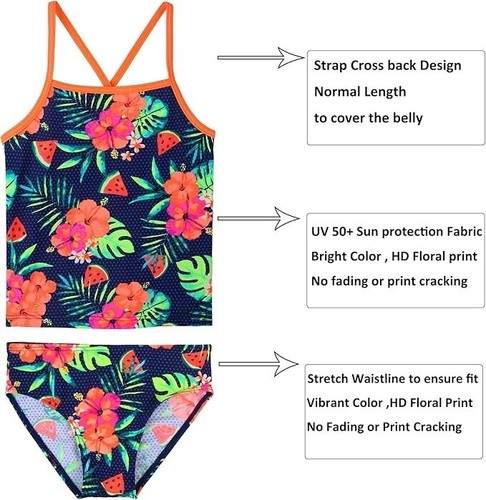 Girls Bikini Swimsuits 2-Pieces Tankini Bathing Suits Rashguard Set - Picture 3 of 3