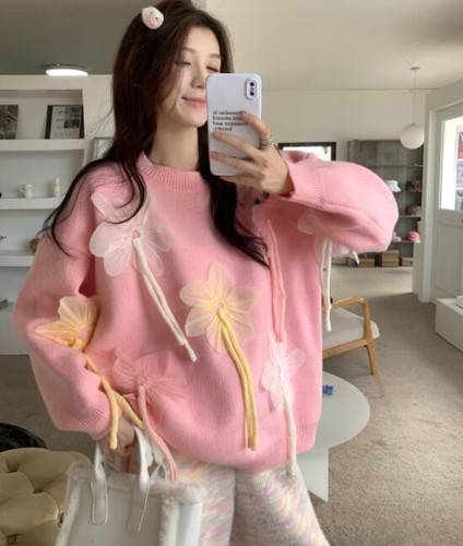 Damenmode Rundhals 3D Blumen Pullover süßer Strickpullover Pulli 3138  - Bild 7 von 15