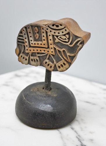 Antique Wooden Textile Printing Block on Stand Original Old Hand Carved - Picture 1 of 6