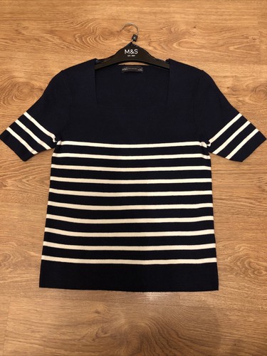 M&S Collection Navy Blue White Striped Knitted Short Sleeve Casual Top UK10 NEW - Picture 7 of 10