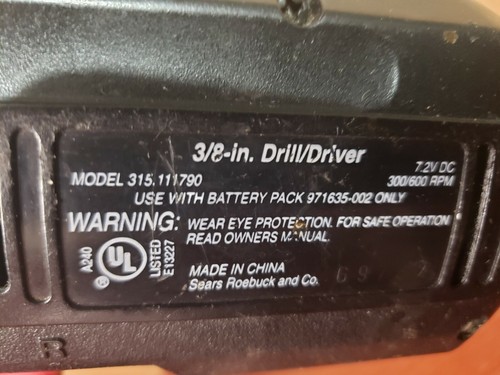 Craftsman Cordless 7.2V 3/8" Drill /Driver 315 111790 ,315 110780 Untested(READ) - Picture 3 of 6