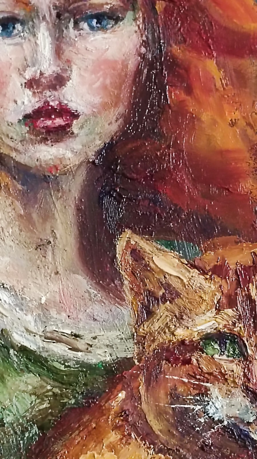 Modern Impressionist Artwork Of Woman With Fiery Red Hair And Cat