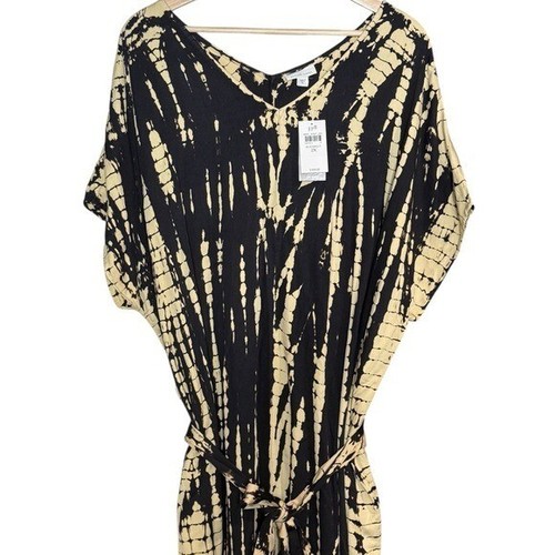 J. Jill Pure Jill Tie Dye Belted Kaftan Size 2X Black Beige V Neck Midi Dress - Picture 4 of 14
