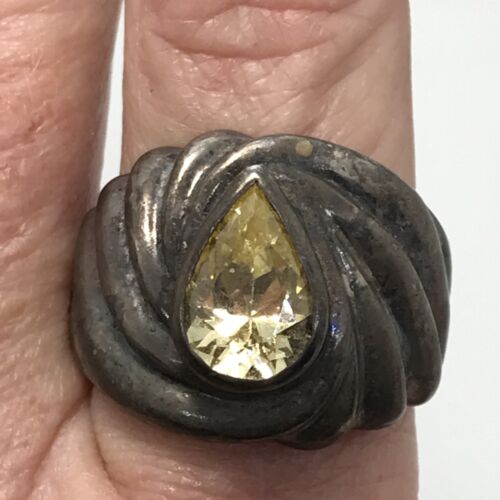 Vintage 925 Sterling Silver & Yellow Teardrop Cubic Zirconia Bold Ring sz 11 - Picture 9 of 11