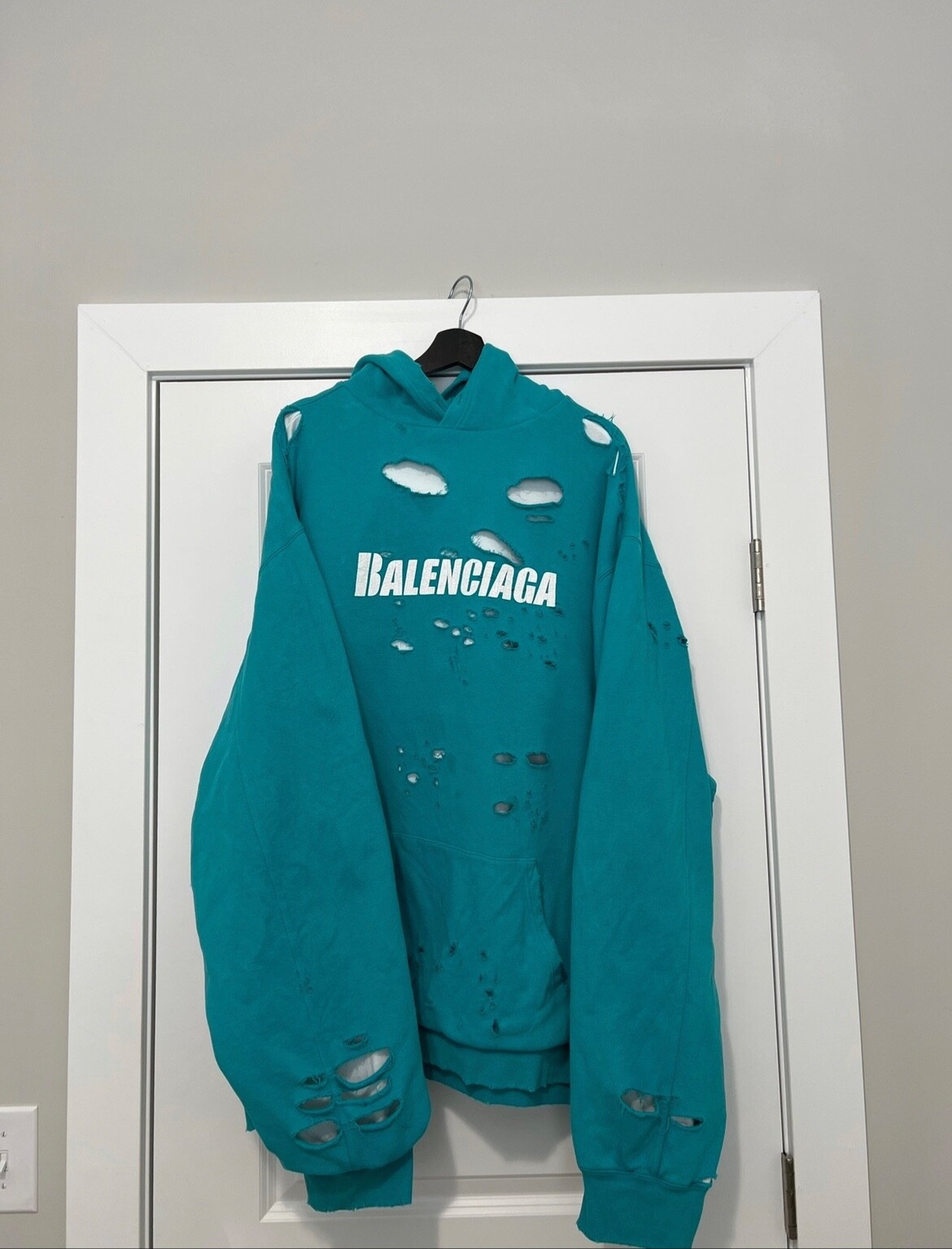 Balenciaga SS21 Destroyed Hoodie Blue Size Large Fits Like A XL