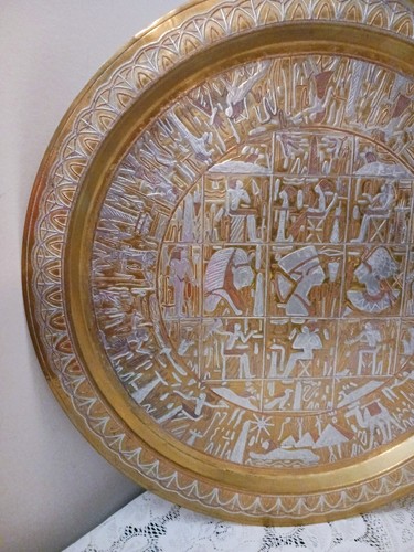 Antique Middle Eastern Large Brass Tray Silver & Copper Inlay - Picture 6 of 12