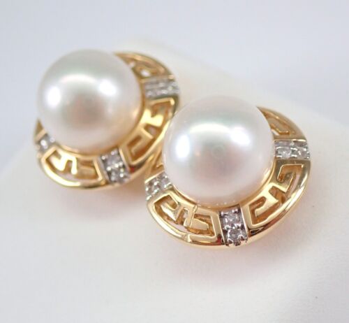 14K Gelbgold Perle und Diamantohrringe Juni Edelstein griechischer Schlüssel Halo Jacke - Bild 3 von 5