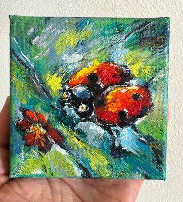 Ölgemälde Impressionist Original Sammlerstück roter Marienkäfer handgemalt 4'' x 4''