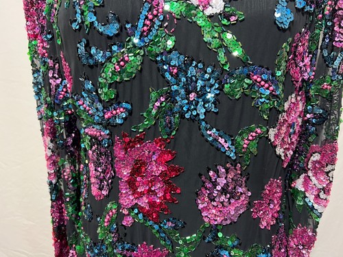 Black Tie Beaded Sequin 14 Women Black Dress Floral Chiffon Gown Vintage Lined - Picture 3 of 8