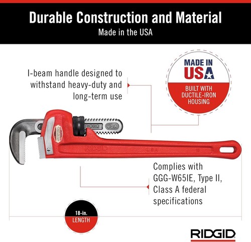 RIDGID 18'' Heavy-Duty Straight Pipe Wrench  Made in the USA - Picture 2 of 8