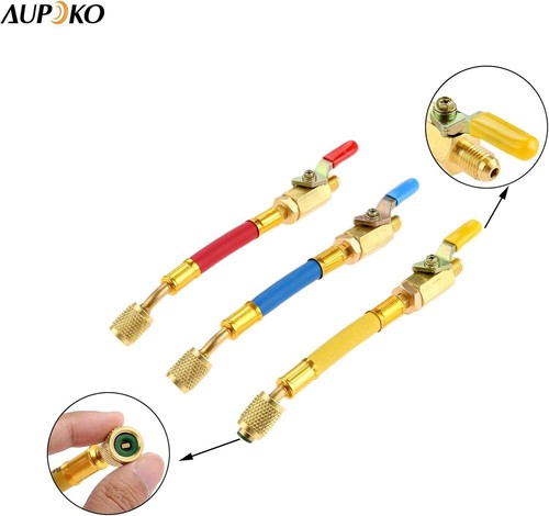 3 Pcs R134A R410A R22 R12 Charging Hoses with Ball Valves - 7" Color Coded AC... - Picture 7 of 9