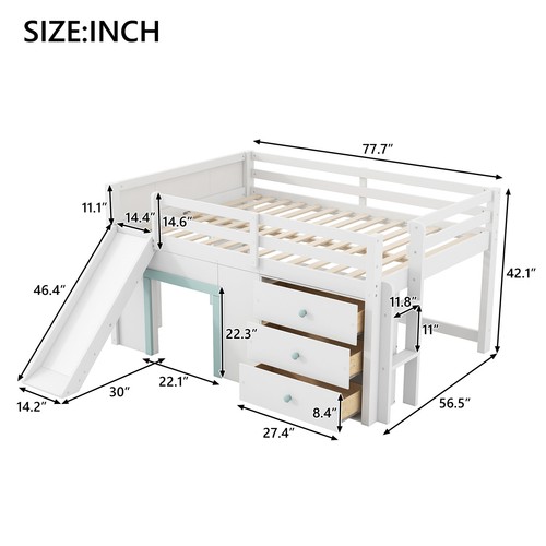 Full Size Low Loft Bed Frame with Slide/ Three Storage Drawers/ Two Doors White - Picture 9 of 19