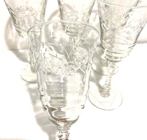 Libbey Rock Sharpe ARCTIC ROSE Goblets Water Glasses Set of 5 Clear etch crystal - Picture 6 of 12
