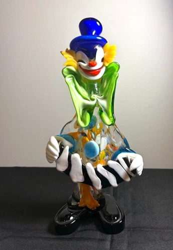 MURANO VINTAGE ART GLASS CLOWN & ACCORDION-11", Green Bowtie Multicolor-VG cond