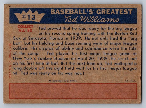 1959 Fleer Ted Williams #13 Ted Williams Boston Red Sox - Picture 2 of 3