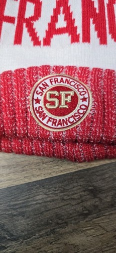 New San Francisco Pom Cuffed Beanie- Red / Gold w Embroidered Patch - Picture 2 of 5