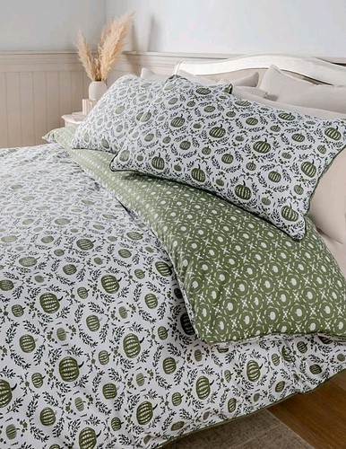 King 100% Brushed Cotton Green Shade Pumpkin Reversible Duvet Cover Pillow Case - Picture 2 of 3