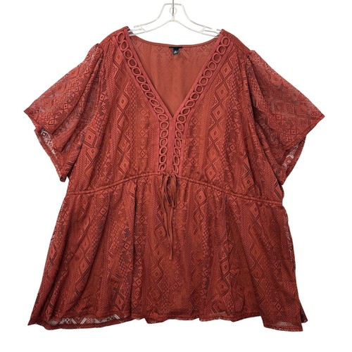 Torrid Size 6X Babydoll Top Cotton Crochet Lace V-Neck Red Brick Boho Festival - Picture 2 of 11