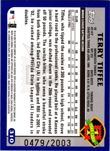 Terry Tiffee #310 - Gold SN/2003,RC - 2003 Topps - Minnesota Twins - Picture 2 of 2